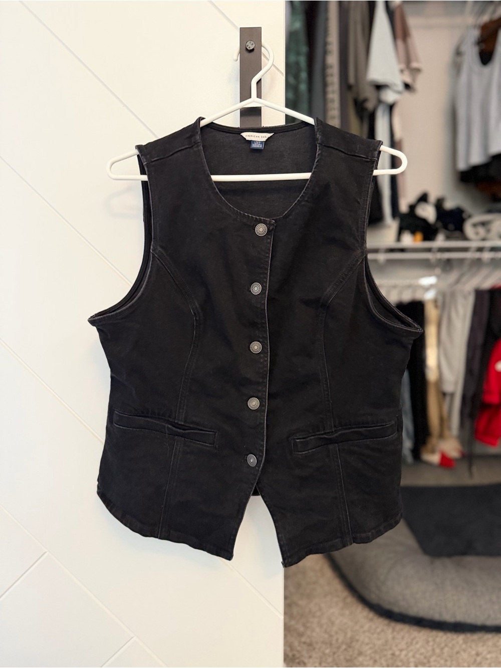 American Eagle | Black Denim Women's Button-Front Vest | Large